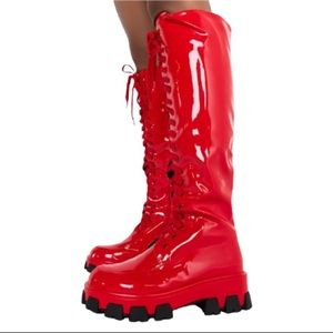 Dolls Kill Firehouse Red Patent Leather Tall Slouchy Knee High RainBoots